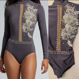 Patrick J custom competition solo Dance Costume gray long illusion LC-large chil